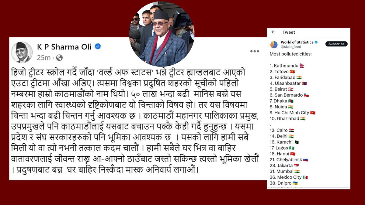 काठमाडौं विश्वको सबैभन्दा प्रदूषित शहरको सूचीमा परेकोप्रति एमाले अध्यक्षद्वारा चिन्ता व्यक्त