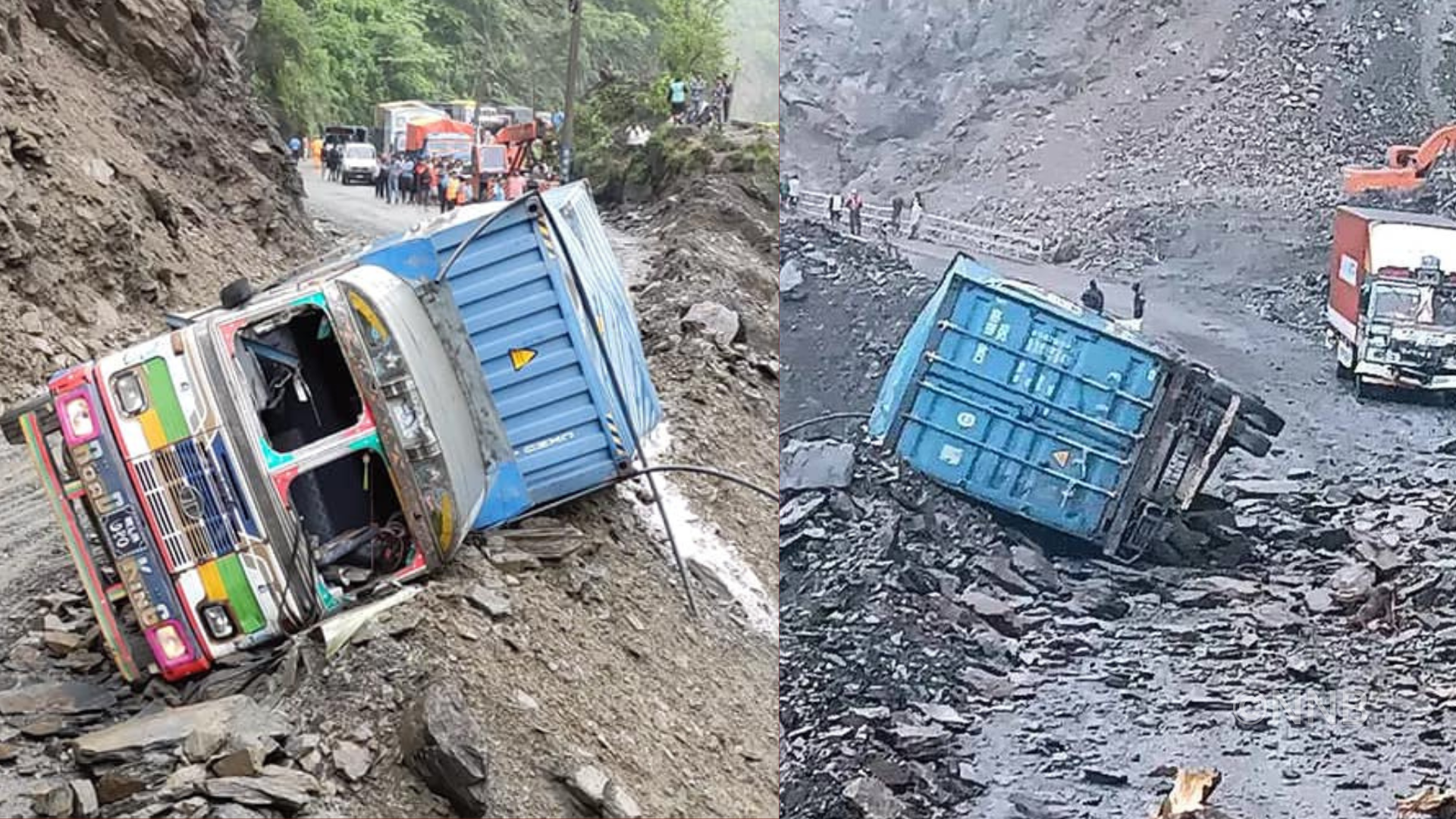 नारायणगढ–मुग्लिन सडक : पहिरो गएको स्थानमा ट्रक पल्टियो,चालक घाइते